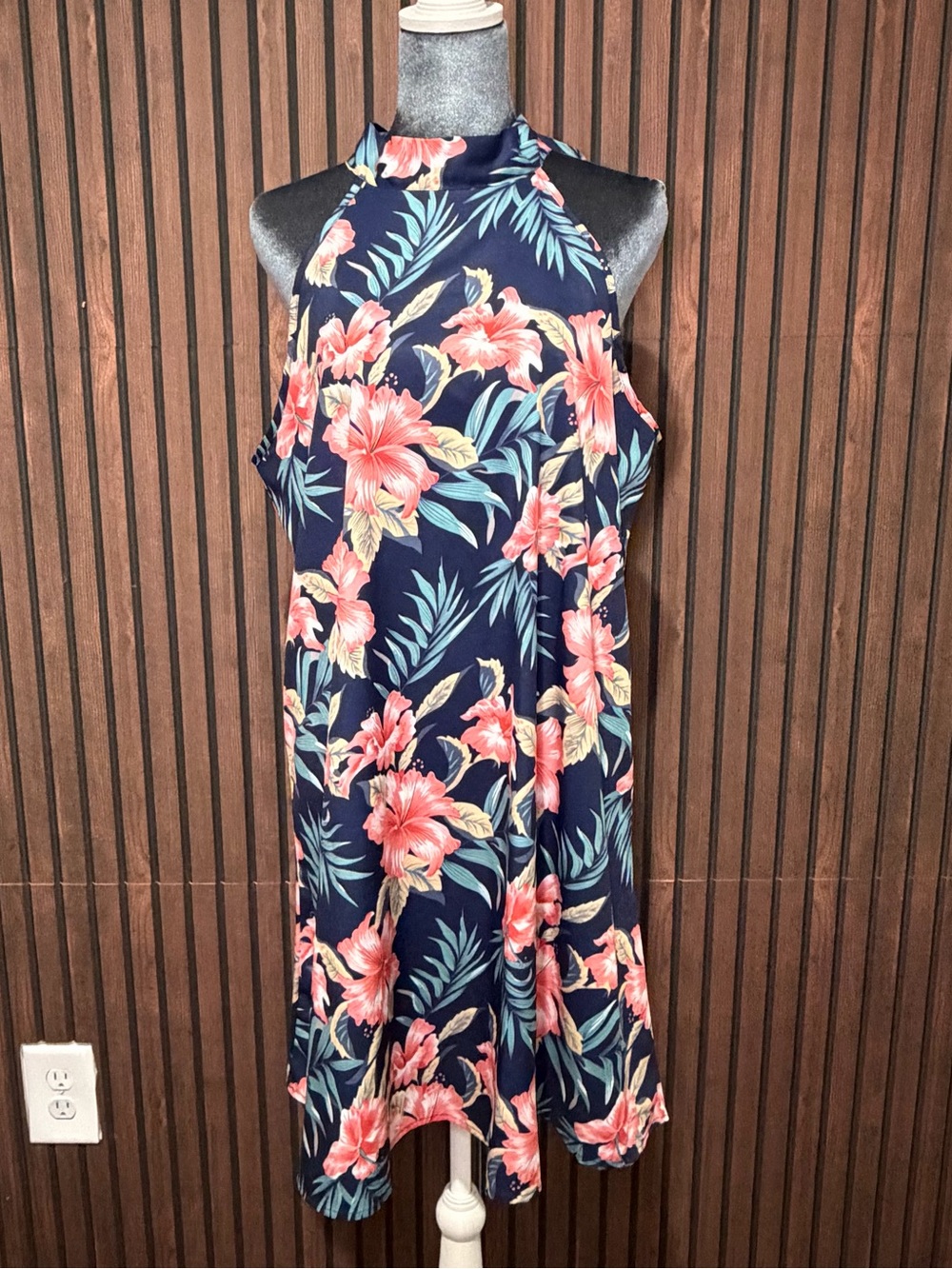 Tropical Floral Halter Swing Dress Size Large | Navy Pink Hawaiian Print